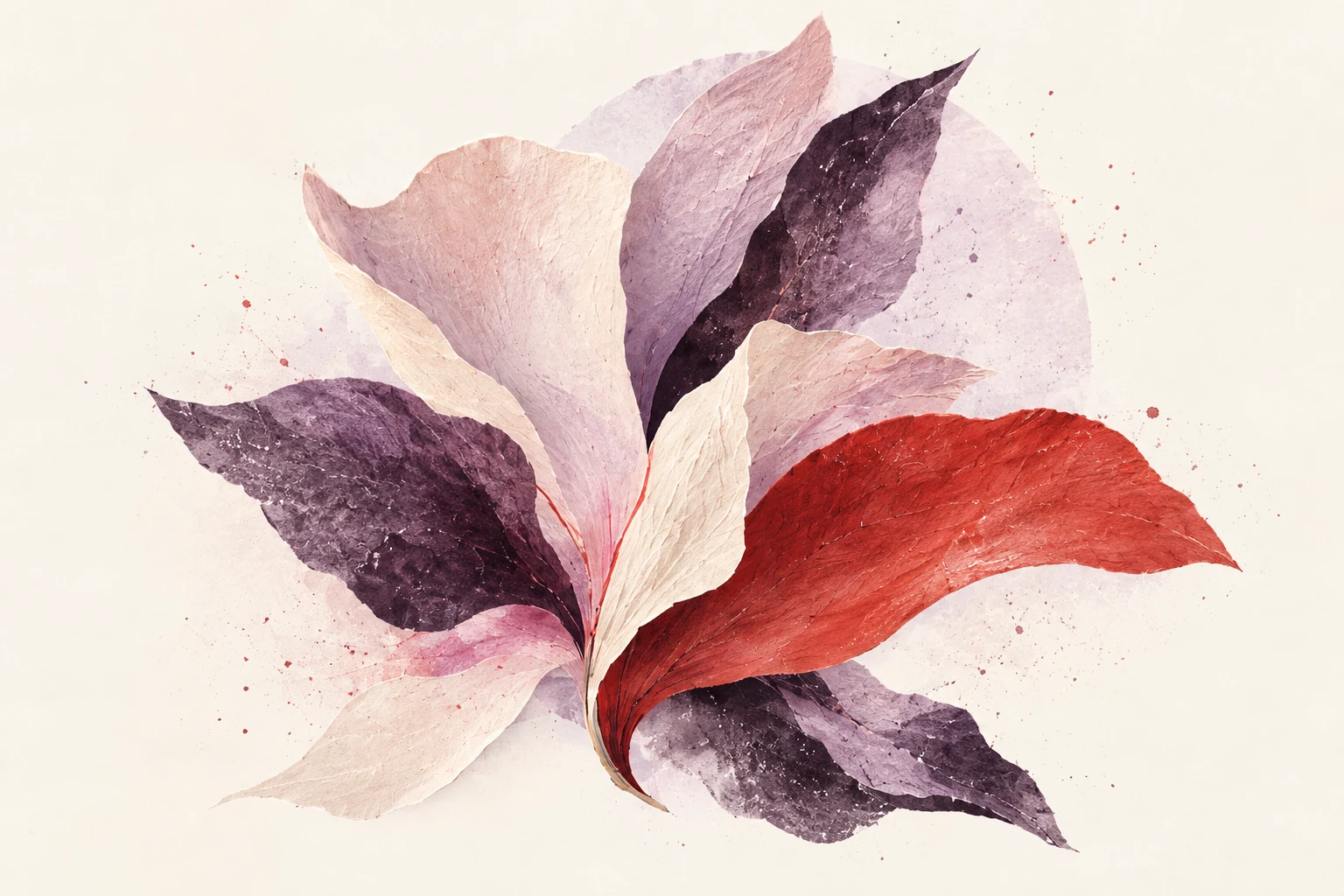 An unfolding flower of layered cream, lilac, plum, and red paper petals
