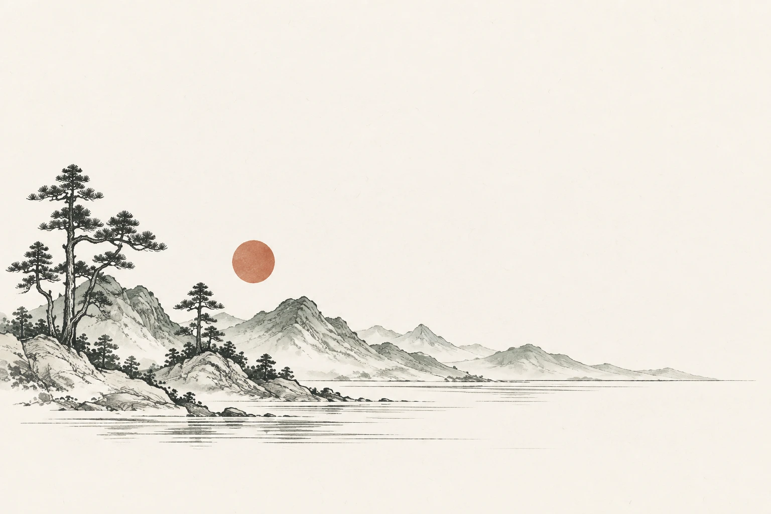 Ink-drawn mountains, a pine tree, and a terracotta sun over a quiet lake