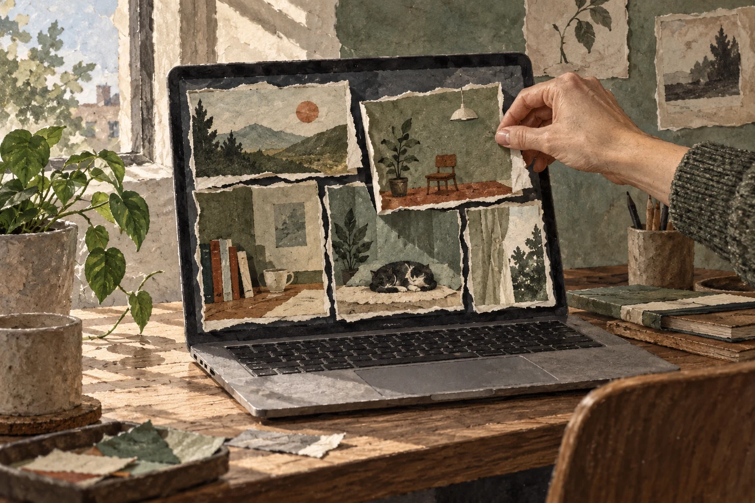 A hand arranges separate paper workspaces on a laptop screen beside a plant and a sunlit window.