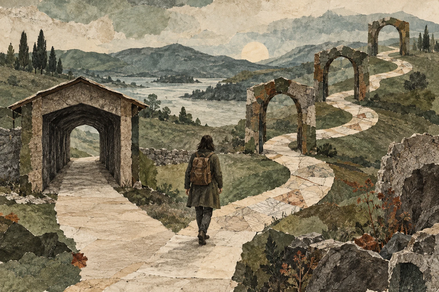 A traveller follows a winding paper path through several separate archways, beside a shorter covered passage.