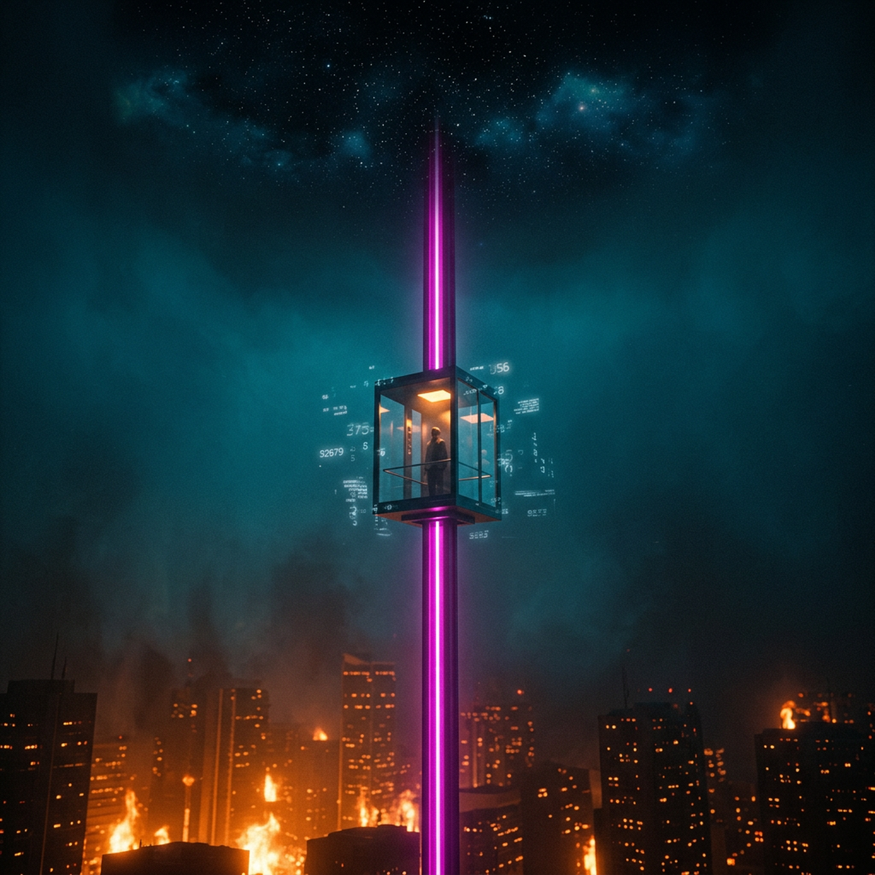 A lone figure in a glass elevator rises along a magenta neon spine above a burning orange city into a starry teal void, glowing numbers drifting around the glass
