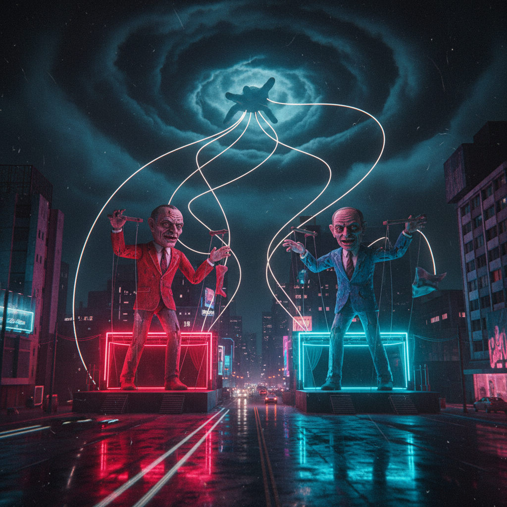 Two marionette figures on red and blue neon stages, with glowing strings leading to a hand in storm clouds