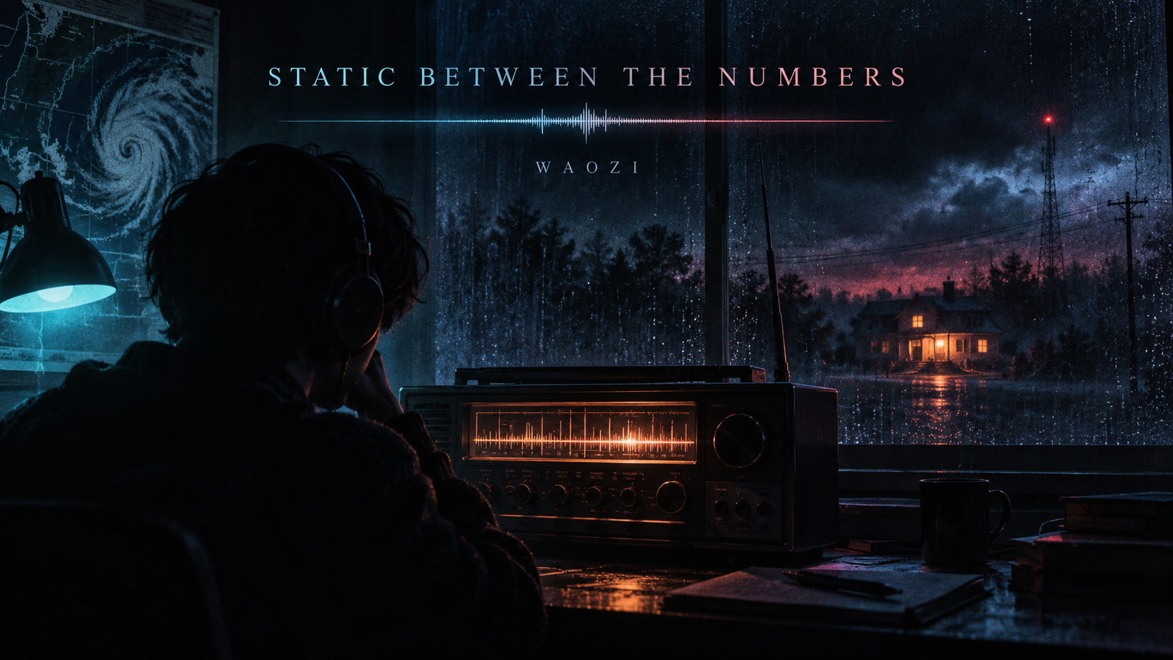 Static Between the Numbers cover: a listener tunes a shortwave radio beside a rain-streaked window overlooking a warmly lit house and a broadcast mast