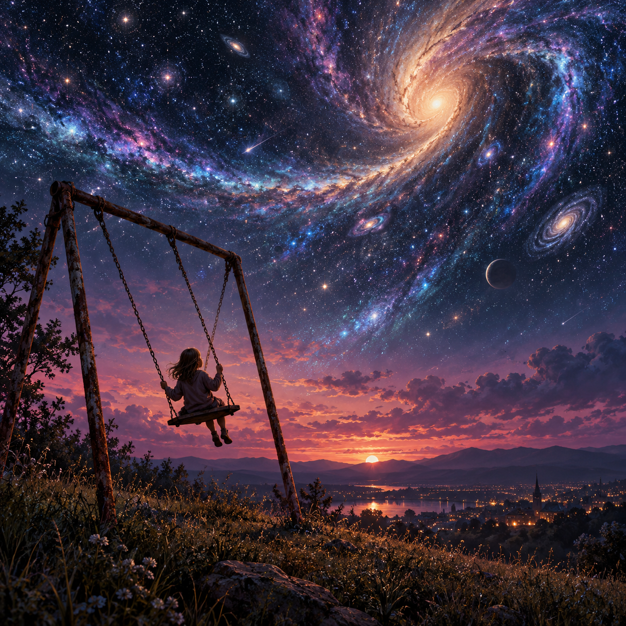 A child on a weathered swing at dusk beneath a vast spiral of golden starlight.