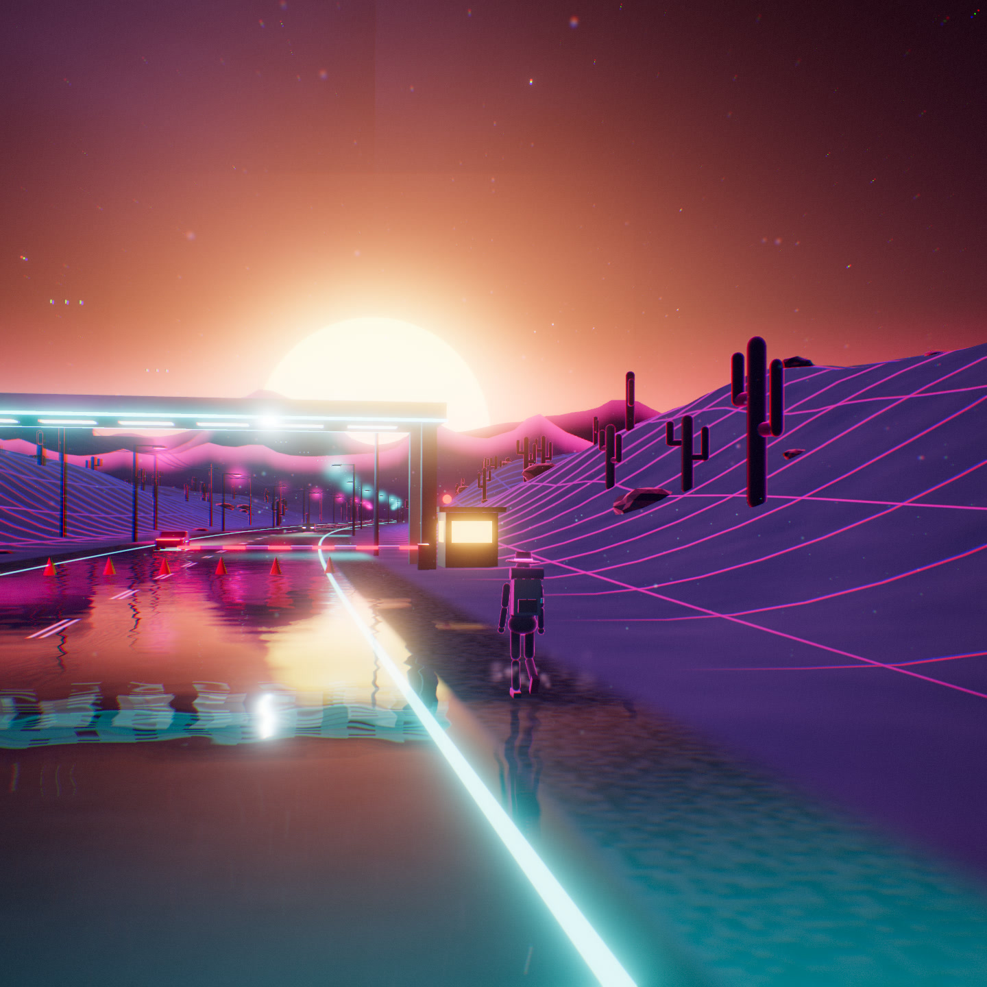 A lone traveler with a backpack walks a wet neon desert highway toward a border checkpoint and a huge setting sun, between glowing grid dunes and cacti.