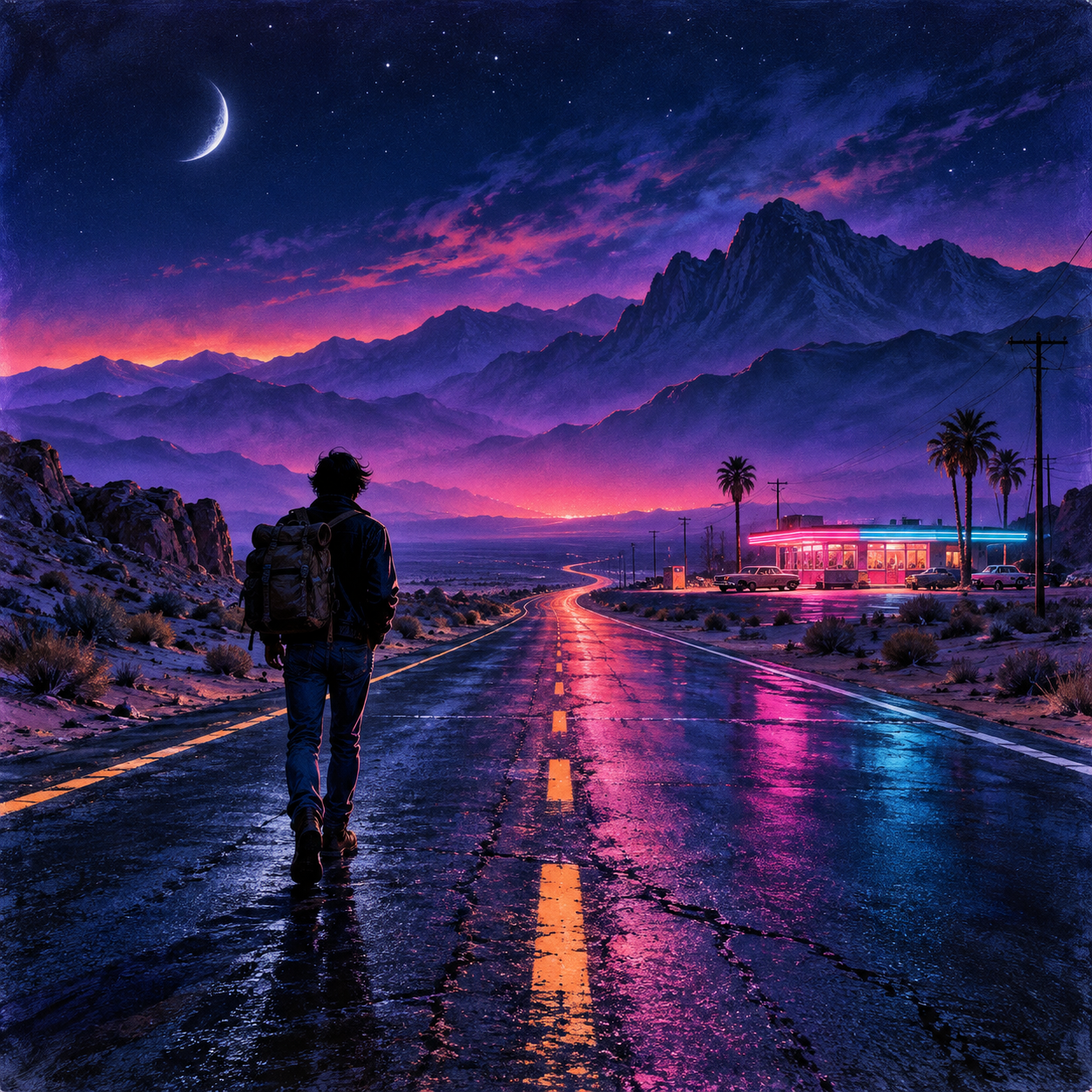 A backpacked traveler walks a wet desert road past a neon diner beneath purple mountains, a crescent moon and a glowing dusk sky.