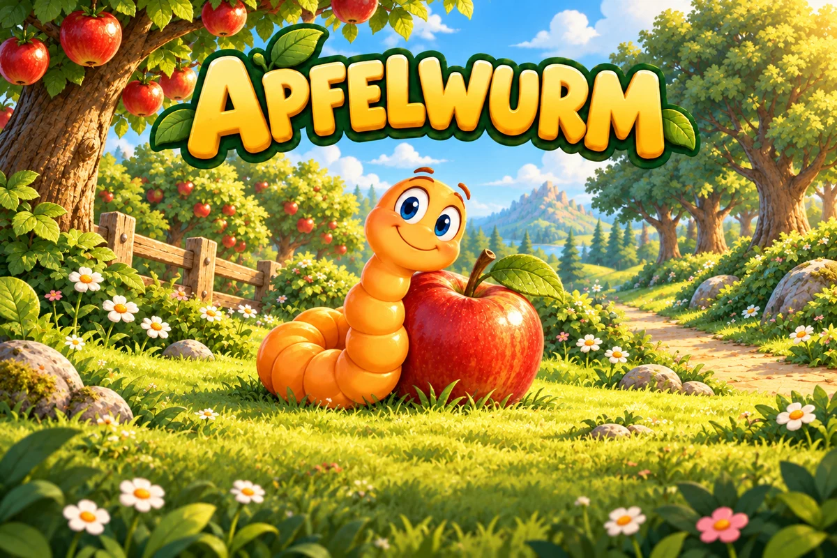 An orange worm in a sunny apple meadow, with forests and mountains beyond